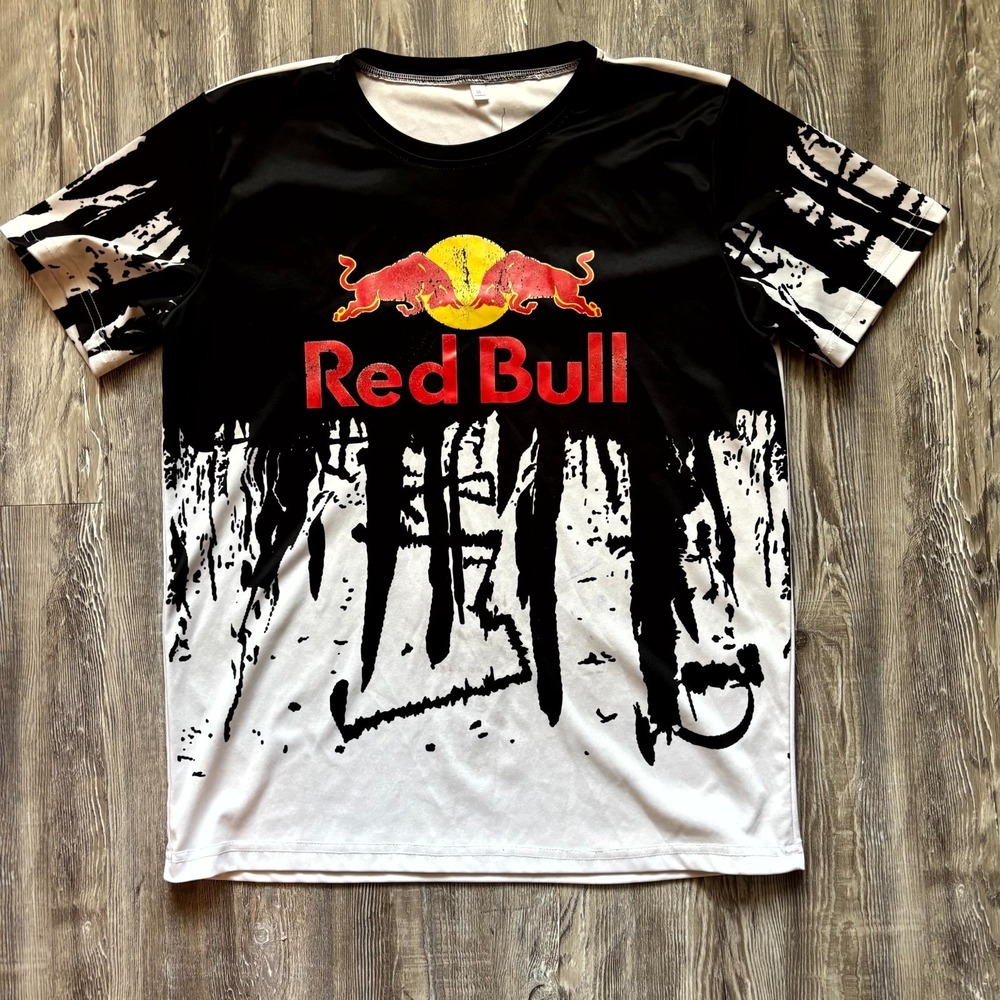 Red Bull Graphic Tee Medium – Bold Two-Tone Print, Pre-Owned, Unique Design